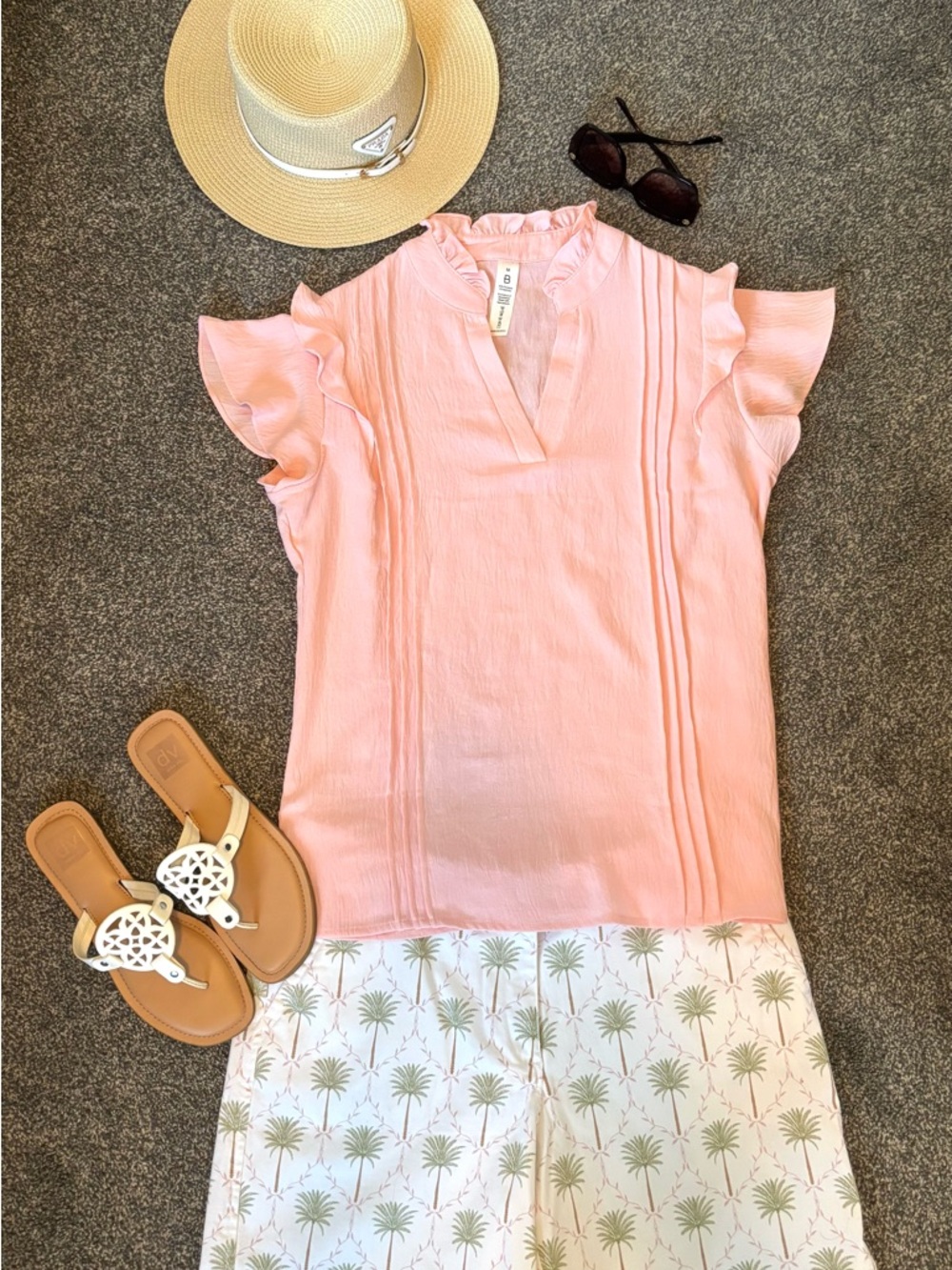 Amazon Pink Ruffle Sleeve V-Neck Pintuck Blouse